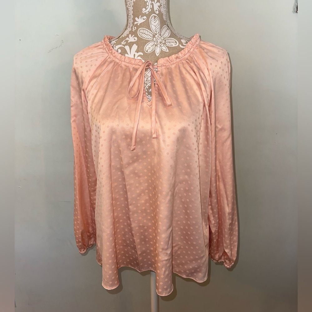 Lauren Conrad Women’s Long Sleeve Tie Neck Blouse, Pink polka dots, Size M